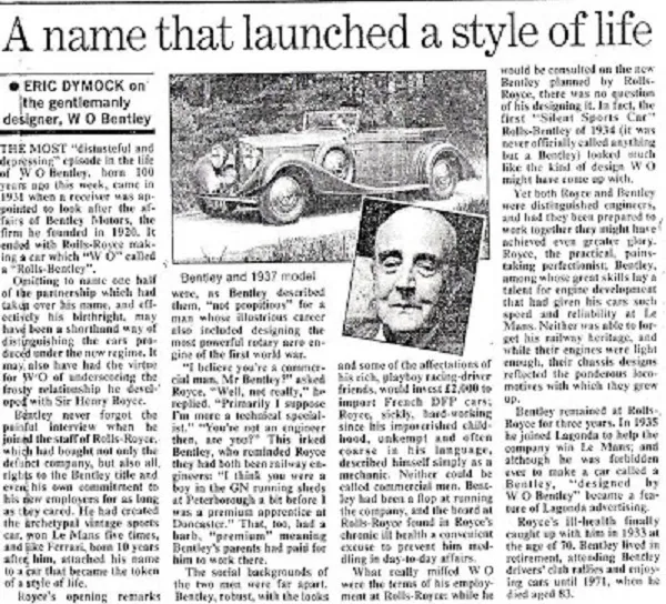 Artikel om Walter Owen Bentleys död, 1971.