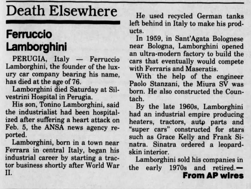 Artikel om Ferruccio Lombarghinis död 1993