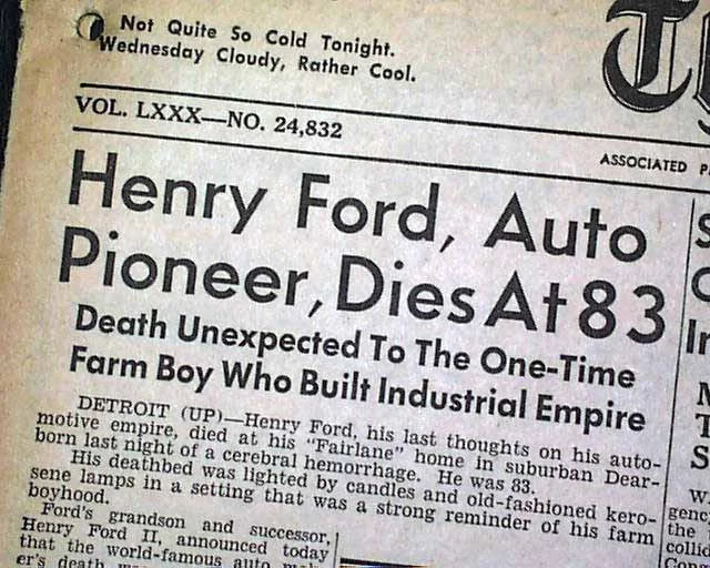 Artikel om Henry Fords död 1947