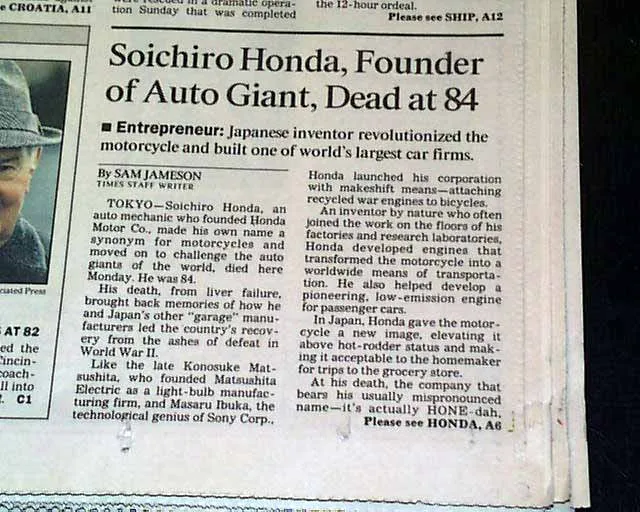 Första rapporten om Soichiro Hondas död - Los Angeles Times 1991